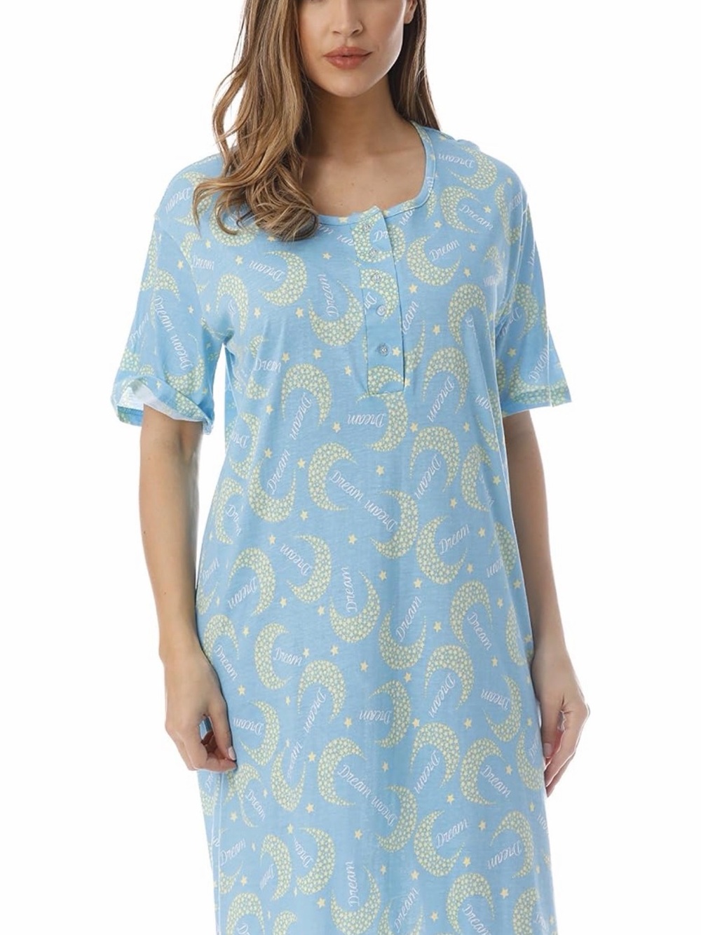 100% Cotton Just Love Blue Nightshirt w/ Yellow Stars & Crescent Moons NWT Sz L